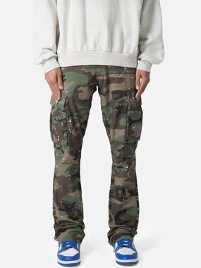 MNML Camo Cargo Pants in Olive and Brown with Paint-Splatter
